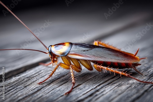 American Cockroach Close Up - Detailed macro photograph of an American cockroach on weathered wood. High-resolution ideal for pest control or scientific