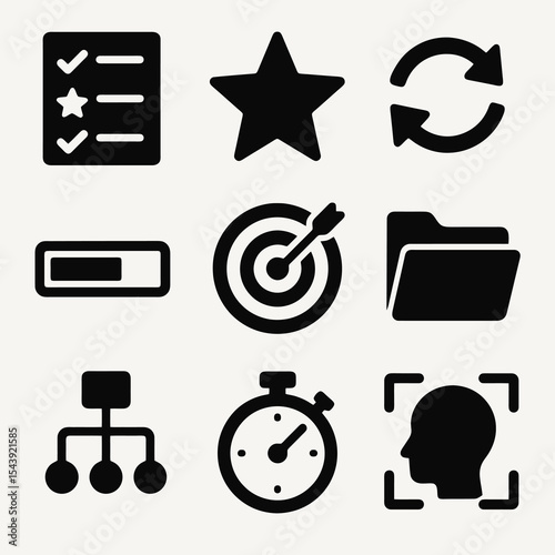 Solid black productivity icons set including checklist, goal, hierarchy, stopwatch, folder, and user profile. Perfect for performance tracking visuals.
