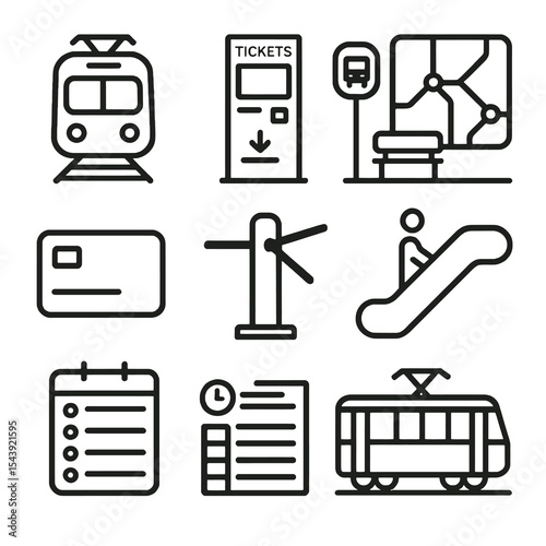 Public transportation icons in bold line style with ticket booth, tram, escalator, and station elements.