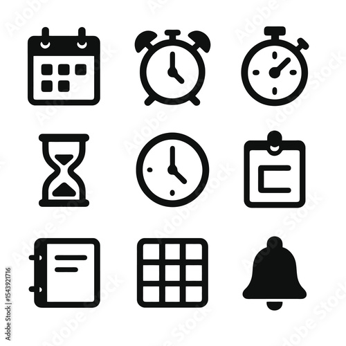 Bold schedule icons in black style, including calendar, alarm clock, stopwatch, and reminder elements.