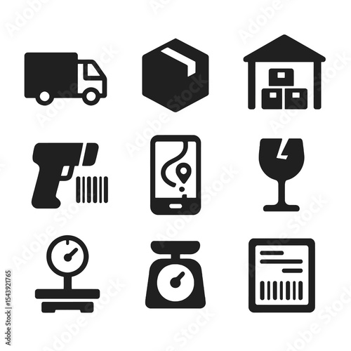 Logistics and shipping icons including truck, warehouse, scanner, fragile, and tracking in bold black style.