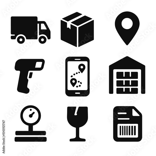 Logistics and delivery icons with truck, barcode scanner, location, fragile symbol, and shipping forms. For ecommerce and supply chain visuals.