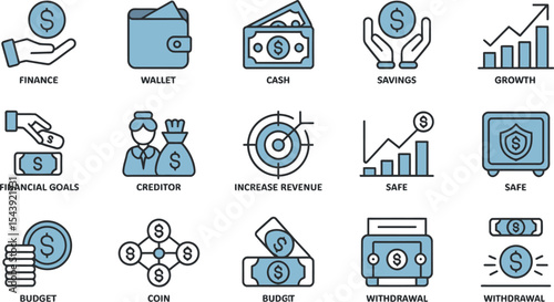 Collection of financial icons depicting money management and growth ideas