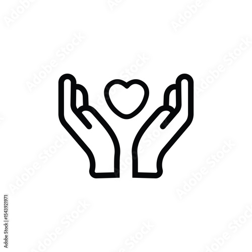 Black isolated outline icon of heart in hands on white background. Line icon of heart and hands. Symbol of care, love, charity.