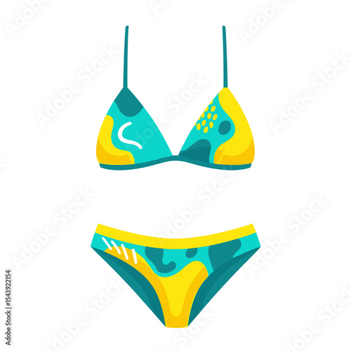 Colorful bikini set with abstract patterns in teal and yellow  