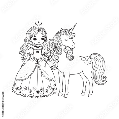 Black and white princess unicorn and rose illustration