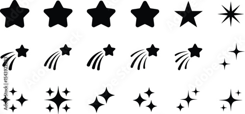 A collection of star icons in various shapes and styles arranged in rows