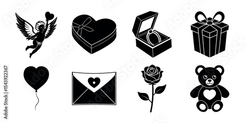 Valentine's Day Silhouette Icon Set – Cupid, Hearts, Gifts, Roses, and Love Symbols