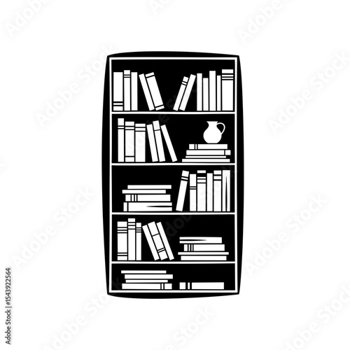 Bookshelf with books and pitcher in minimalist black and white style  