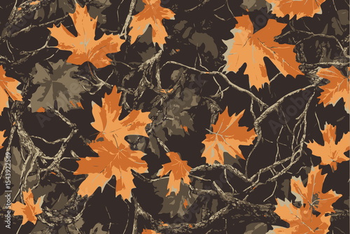 An ultra-realistic camouflage pattern featuring autumn leaves and tree branches, seamlessly blending with the background of green foliage