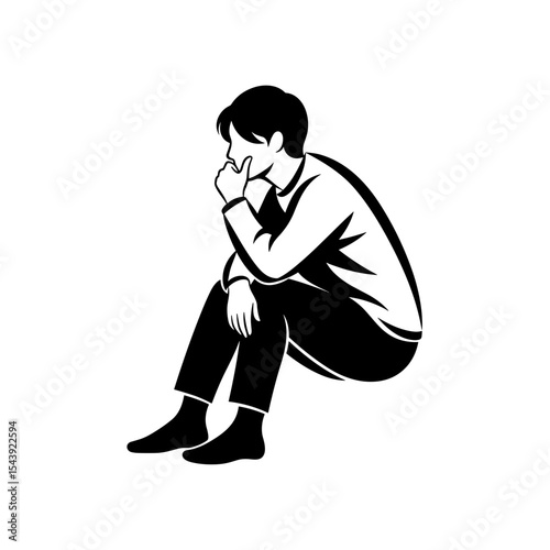 Young male sitting and thinking thoughtfully in a black silhouette  