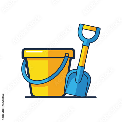 Yellow bucket and blue shovel in flat style design  