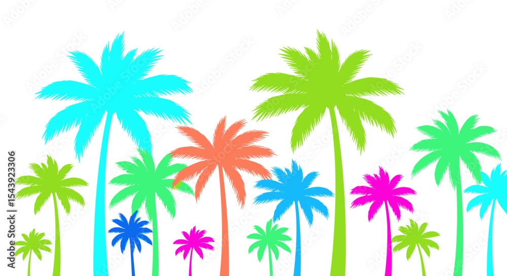 Fototapeta premium Colorful palm trees with tropical vibes on a white background 