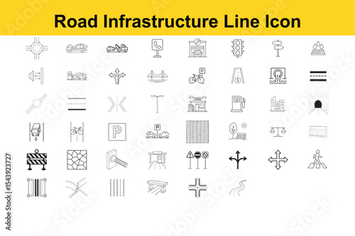 Comprehensive Set of Road Infrastructure Line Icons Depicting Various Elements and Features Related to Roads and Transportation