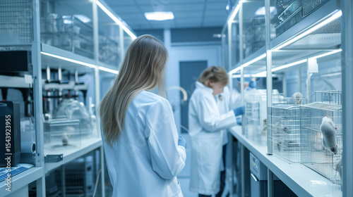 A girl laboratory assistant in the laboratory for tests on mice observes them