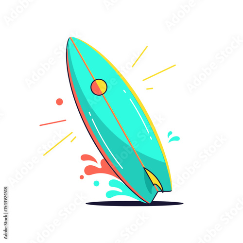 Colorful surfboard with splashes in a playful graphic style  