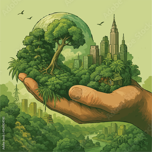 Stunning vector of Earth cradled in a human hand, showing nature and city in harmony. Ideal for eco-friendly campaigns, sustainability themes, or educational graphics.