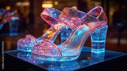 Transparent, iridescent heels illuminated by light