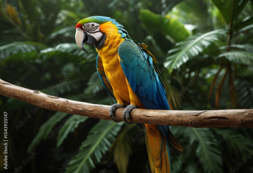 Fototapeta premium A colorful parrot sits on a branch in the jungle