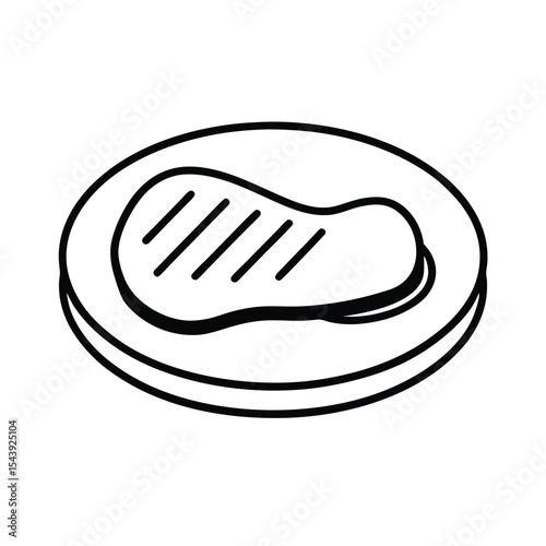 Steak on plate with grill marks rendered in precise linear drawing Vector illustration