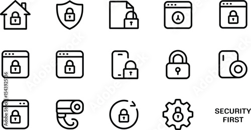 Collection of security icons representing safety and protection measures first