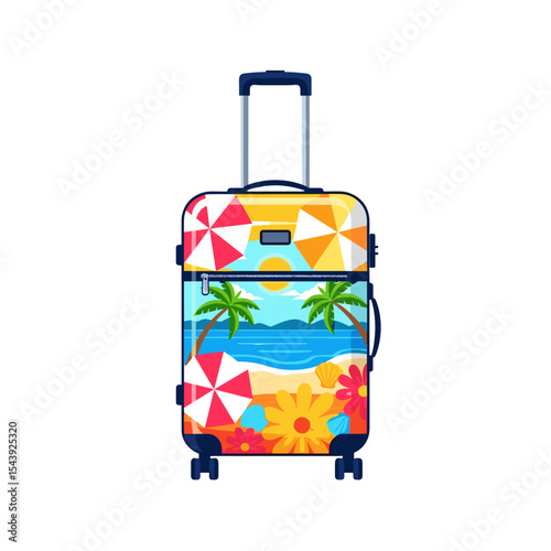 Colorful suitcase with beach design and tropical flowers  