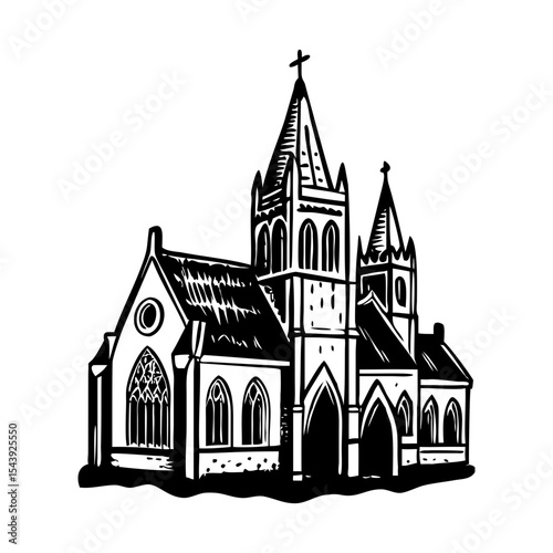 A vintage style illustration showing gothic church