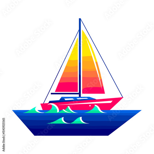 Colorful sailboat with vibrant sails sailing on blue waves  