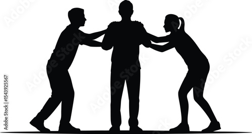 Silhouette of two people holding another person with white background view