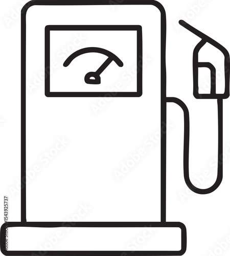 Simple Black and White Line Art Illustration of a Gas Station Pump with Meter and Nozzle