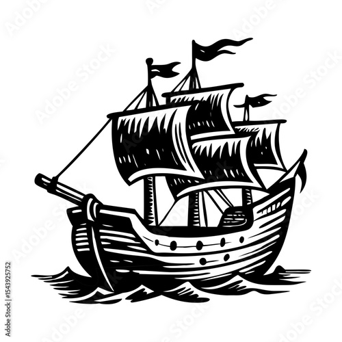 A vintage style illustration showing pirate ship