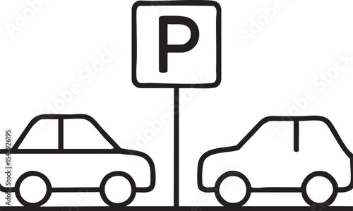 Simple Line Art Illustration of a Parking Sign with Two Cars Parked Underneath It in Black and White