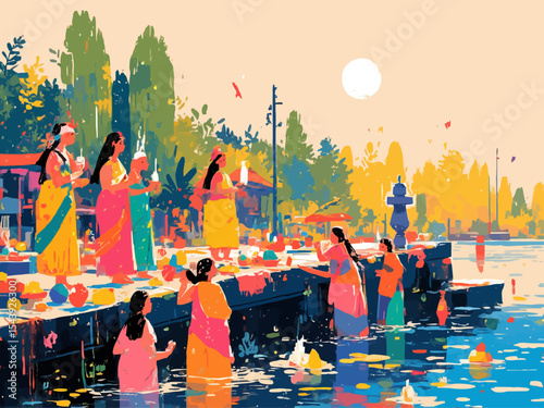 Chhath Puja ghat in India with women in vibrant saris performing traditional rituals by the river at sunrise, offering fruits and lamps, celebrating faith and culture