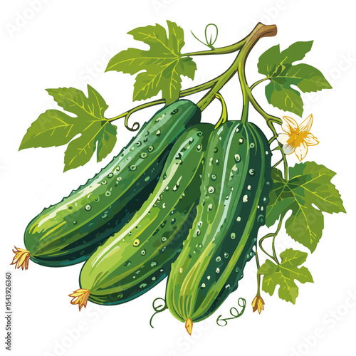 Cucumbers on a branch color vector illustration. Image of green vegetables with leaves on an isolated background.