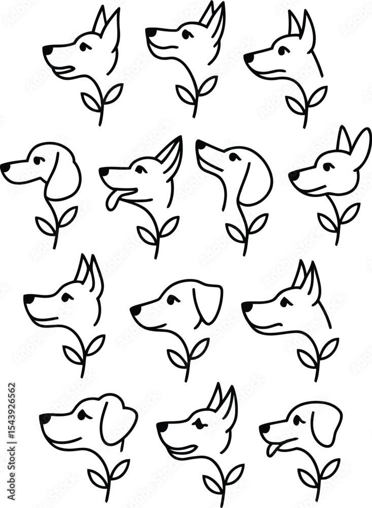 Naklejka premium Line art illustration of dog heads with floral stems on a white background