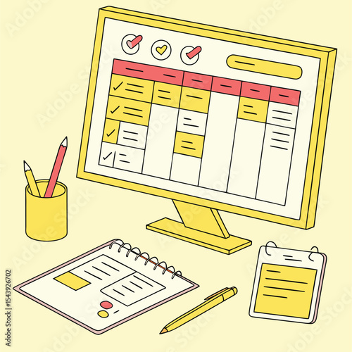  Productivity Tools on Yellow Desktop – Gantt Chart and Calendar Flat Vector Design
 Adobe Illustrator Artwork
