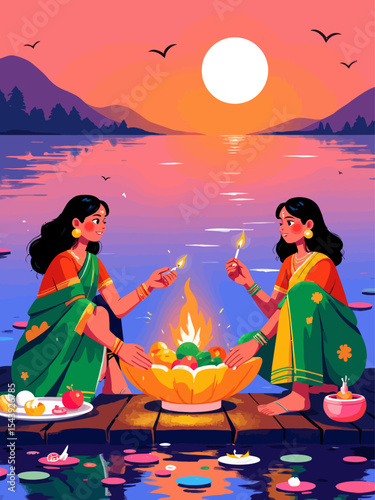 Chhath Puja ghat in India with women in vibrant saris performing traditional rituals by the river at sunrise, offering fruits and lamps, celebrating faith and culture