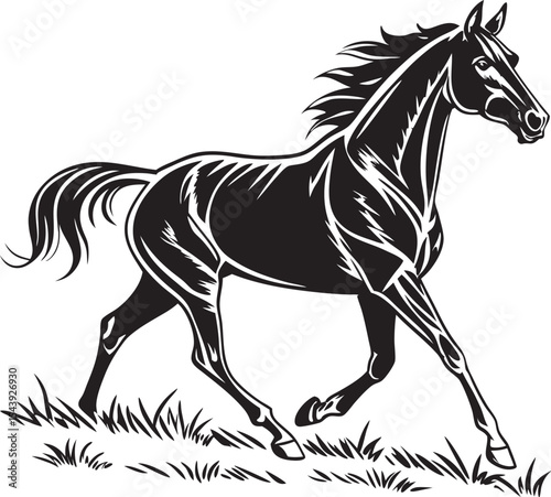 Stylized Black Silhouette of Galloping Horse on Grassy Field – Flowing Mane and Tail with Muscular Structure and Graceful Motion – Elegant Equine Vector for Logos, Prints, and Equestrian Designs