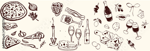 Hand-drawn Italian pizza illustrations set featuring a variety of whole and sliced pizzas, toppings, and decorative ingredients.