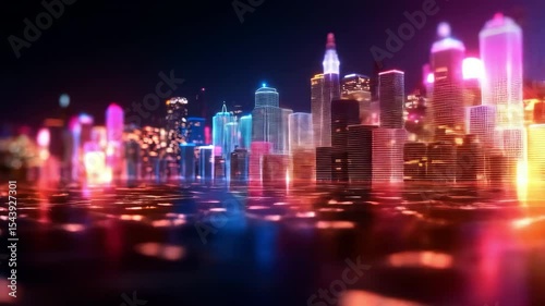Futuristic Neon Wireframe Cityscape in Electric Blue and Hot Pink Lighting