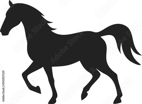 Trotting Horse Silhouette in Mid-Stride – Solid Black Equine Figure with Flowing Mane and Tail, One Front Leg Lifted – Minimalist Animal Vector on Plain Background for Logos, Prints, Equestrian Design