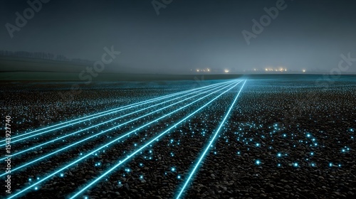 Realistic long exposure image of bioluminescent firefly courtship display pulsed light signal synchronized over open field