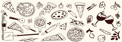 Hand-drawn Italian pizza illustrations set featuring a variety of whole and sliced pizzas, toppings, and decorative ingredients.