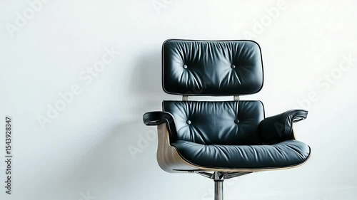 Modern black leather office chair against a plain white wall.