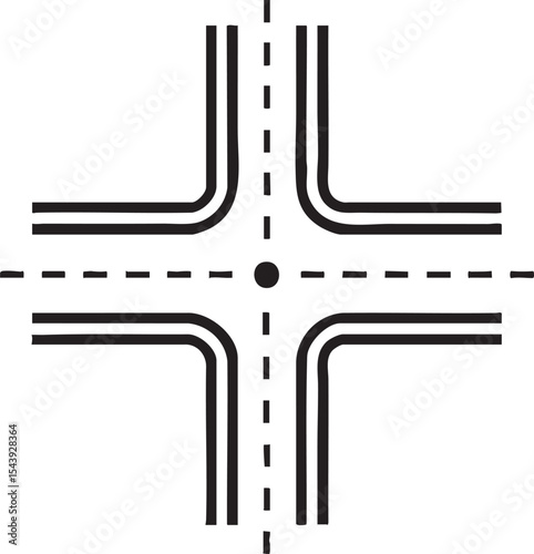 Abstract Black and White Intersection Graphic with Double Lines and Dashed Lines Forming a Cross Shape