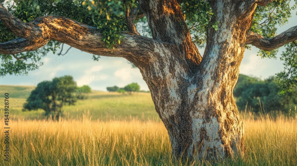 Fototapeta premium Majestic Ancient Tree in Golden Meadow