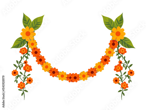 Traditional Indian floral garland with marigold flowers and mango leaves decoration for Indian hindu holidays or wedding 