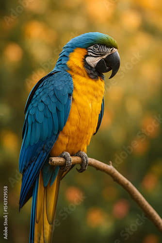 A vivid blue and yellow macaw perches calmly on a branch, its striking plumage contrasted by a softly blurred natural background