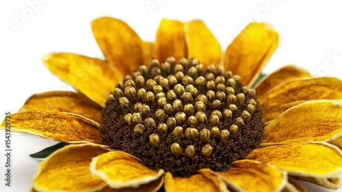 Close-up of a sunflower with golden petals surrounding a brown center filled with small, round seeds.