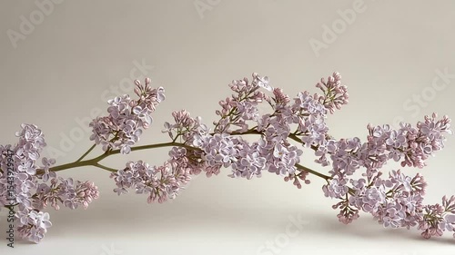 Delicate lilac branch with pale purple blossoms, elegantly arranged against a neutral background.